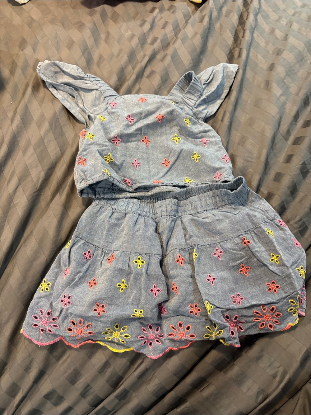 Old Navy Light Blue Girls' Denim-Look Skirt Set with Neon Floral Eyelet